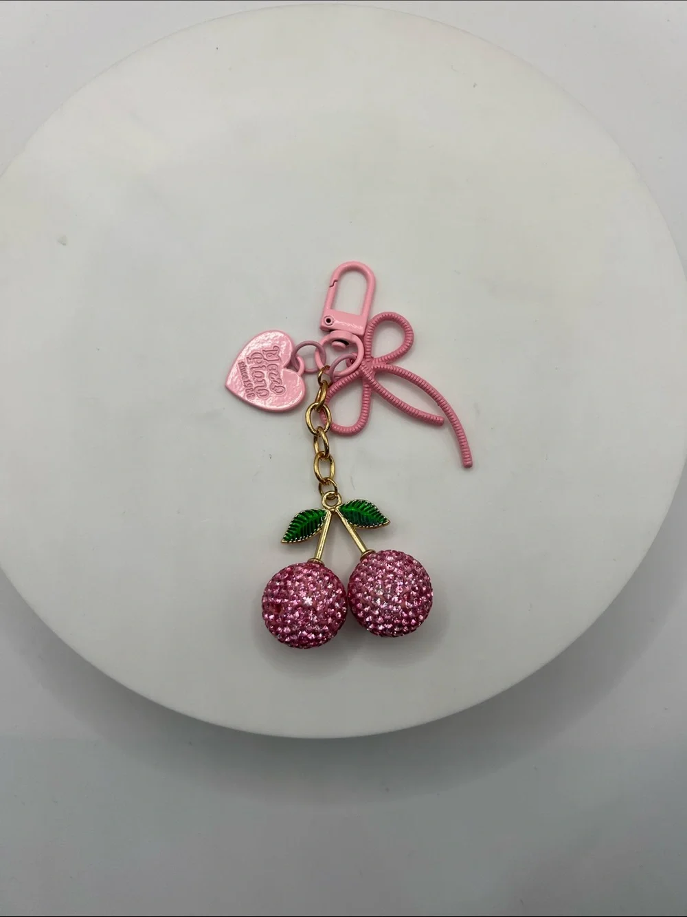 712. Pink Rhinestone Cherry Keychain or Bag Charm with Bow Accent